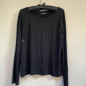 Karen Klein Women's T-Shirt Boat Neck Side Buttons Long Sleeve Large Black